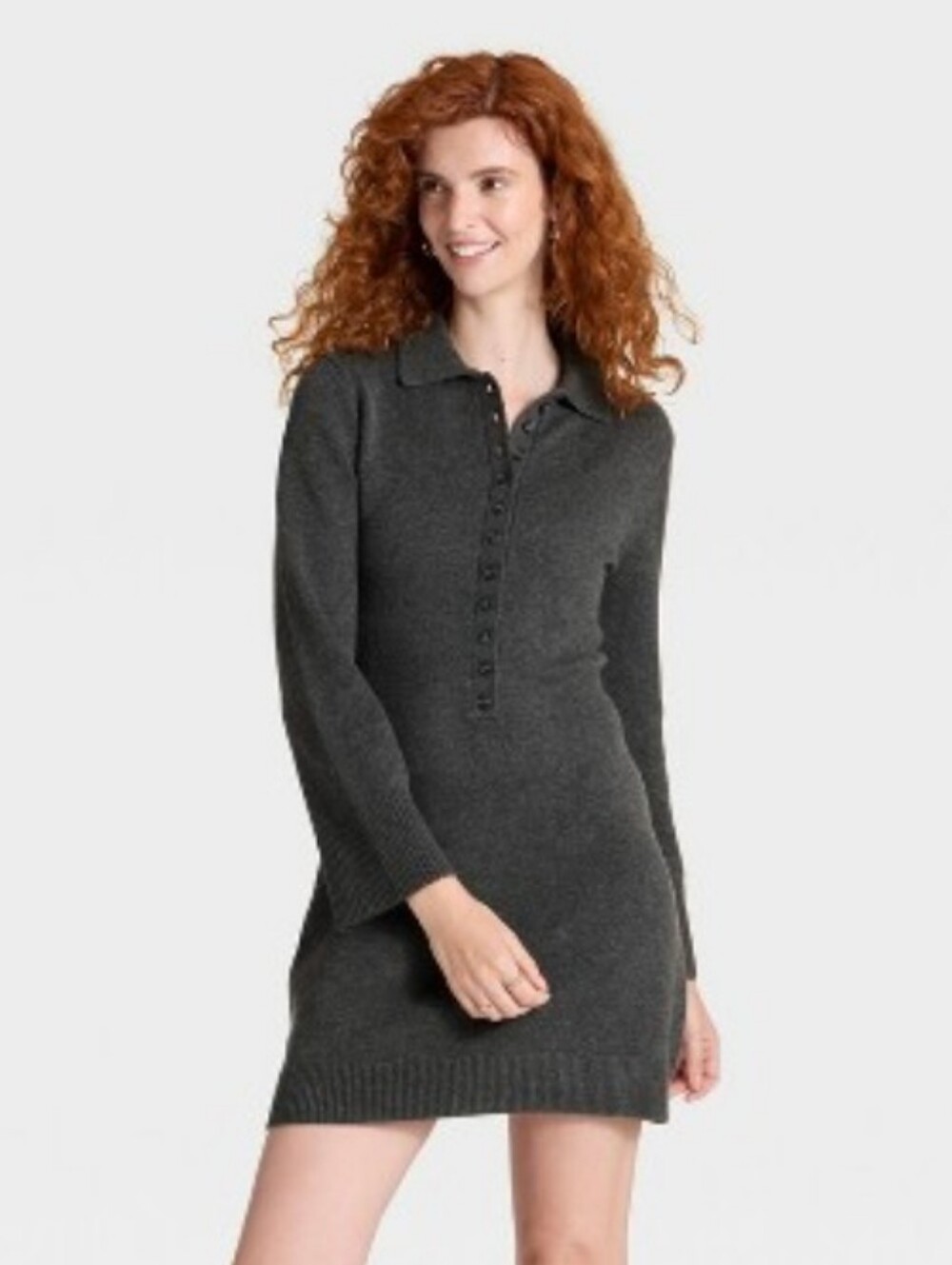 A New Day Gray Button-Front Sweater Dress - Classic Rib Cuffs